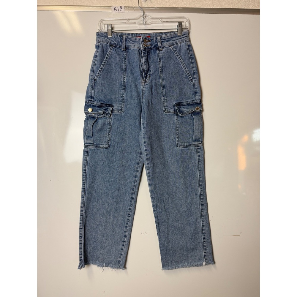 Guess Los Angeles High Waisted Cargo Jeans Straight Leg Raw Hem Blue Denim 26